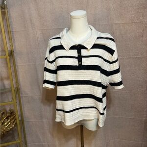 Universal Thread Striped Knit Polo Sweater Cream Black Collared Top Size XL